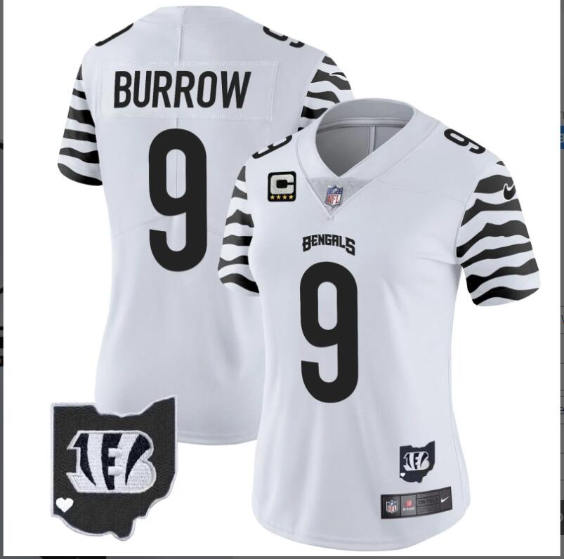 Women Cincinnati Bengals #9 Burrow Stripes Vapor Limited 2024 NFL Nike white jerseys